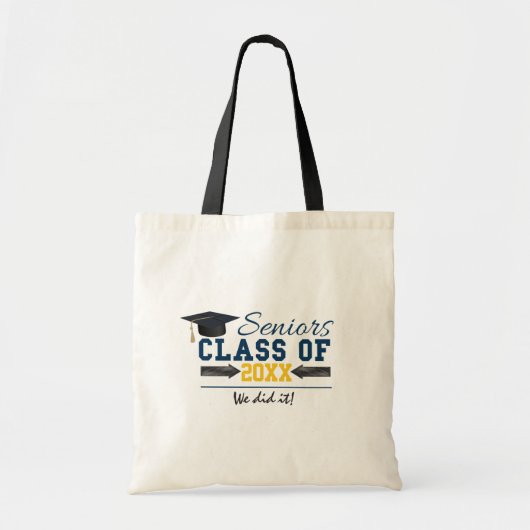 Tote Bag Bleu Jaune Typographie Engin de graduation (Devant)