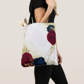 Tote Bag bleu marine et fleurs rouges or (De près)