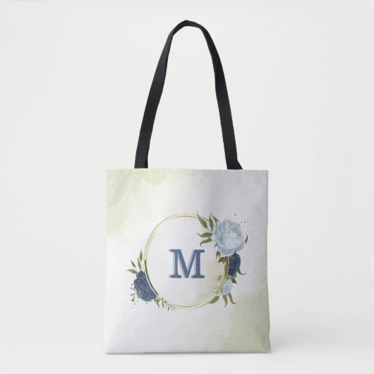 Tote Bag bleu marine poussiéreux vert floral (Devant)