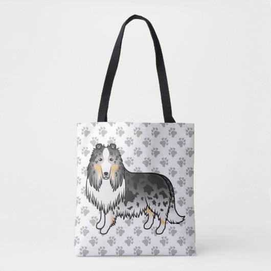 Tote Bag Bleu Merle Rough Collie Cute Cartoon Chien & Patro (Devant)