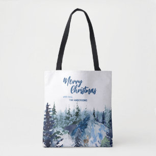 Tote Bag Bleu Moderne Merry xmas arbres forêt pludeer