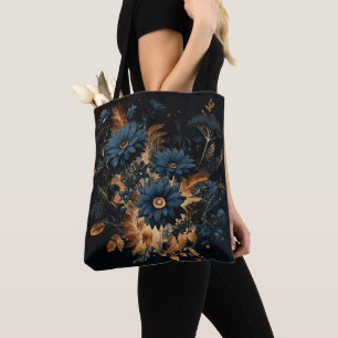 Tote Bag Bleu Nuit Foncé & Or Floral Rustique Glam Bohème