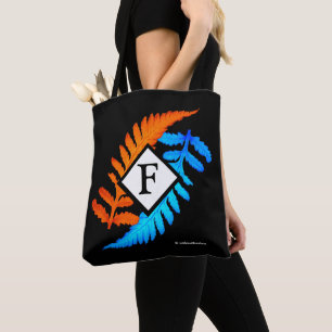 Tote Bag Bleu orange japonais peint fougères Monogramme