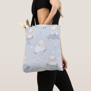TOTE BAG BLEU PASTEL AVEC DES LAMBS BÉBÉ CUTES SUR LES NUAG