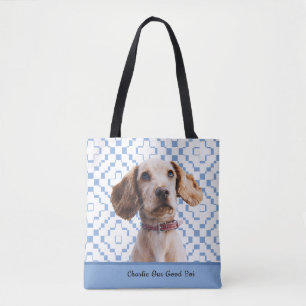 Tote Bag Bleu personnalisé À damiers photo/nom/police de vo
