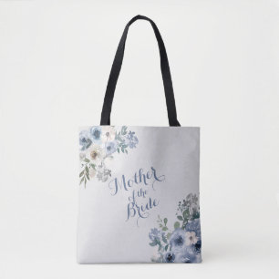 Tote Bag Bleu Poussiéreux Blanc Floral Mère de la Mariée