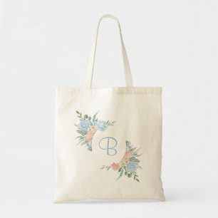 Tote Bag Bleu poussiéreux et floral personnalisé rose tendr