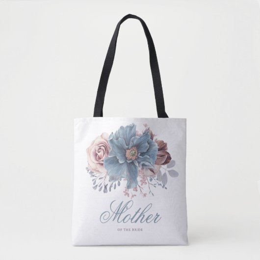 Tote Bag Bleu Poussiéreux et Mauve Élégant Mariage Floral (Devant)