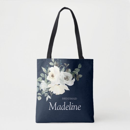 Tote Bag Bleu Poussiéreux & Fleurs Blanches - Navy (Devant)