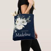 Tote Bag Bleu Poussiéreux & Fleurs Blanches - Navy (De près)