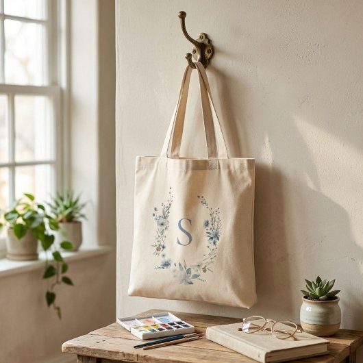 Tote Bag Bleu Poussiéreux Floral Vert du Printemps Monogram