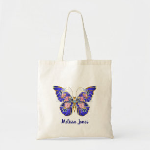 Tote Bag Bleu rose rose or papillon Nom floral