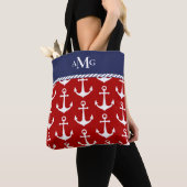 Tote Bag Bleu rouge Ancre Motif Monogramme Nautique (De près)