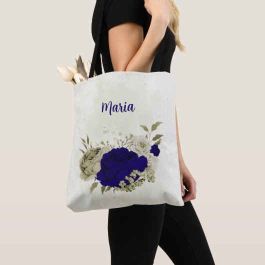 Tote Bag Bleu royal beige floral (De près)