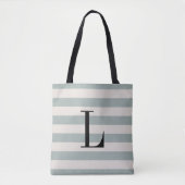 Tote Bag Bleu rustique et rayures d'ivoire Gros monogramme (Devant)