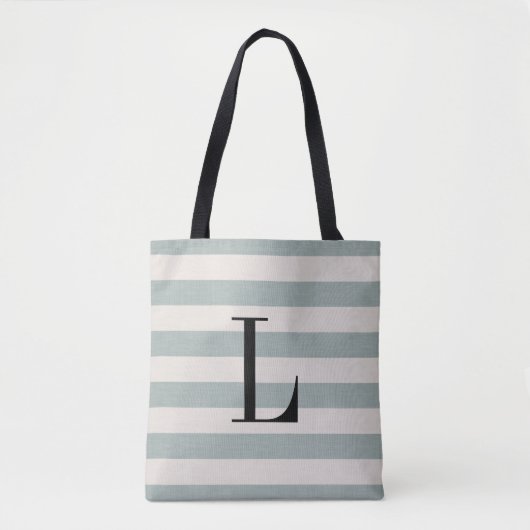 Tote Bag Bleu rustique et rayures d'ivoire Gros monogramme (Devant)