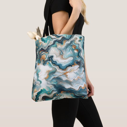 Tote Bag Bleu sarcelle or blanc marbre moderne Agate (De près)