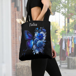 Tote Bag Bleu sur Papillon floral noir Personnalisé