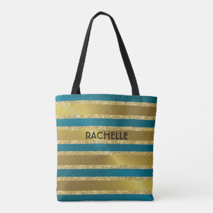 Tote Bag Bleu turquoise et Parties scintillant or rayures a