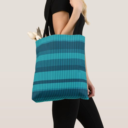 Tote Bag bleu turquoise nuances rayées motif vertical (De près)