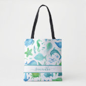 Tote Bag Bleu vert mer océan poissons dauphins élégant nom (Devant)