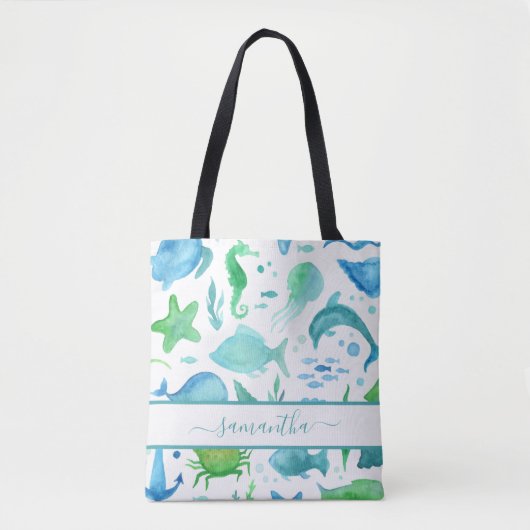 Tote Bag Bleu vert mer océan poissons dauphins élégant nom (Devant)
