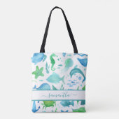 Tote Bag Bleu vert mer océan poissons dauphins élégant nom (Dos)