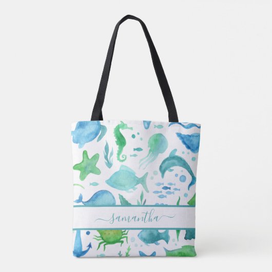 Tote Bag Bleu vert mer océan poissons dauphins élégant nom (Dos)