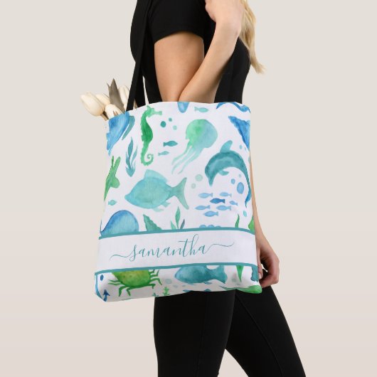 Tote Bag Bleu vert mer océan poissons dauphins élégant nom (De près)
