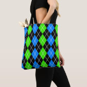 Tote Bag Bleu Vert Noir Argyle Design Diamant (De près)