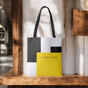 Tote Bag Bloc de couleur simple Jaune Blanc Noir avec nom