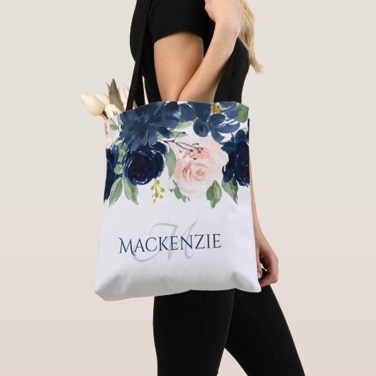 Tote Bag Blooms Chics | Coutume bleu marine et rose pâle (De près)