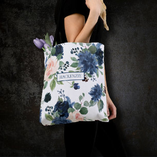Tote Bag Blooms Chics   Floral bleu marine et rose pâle