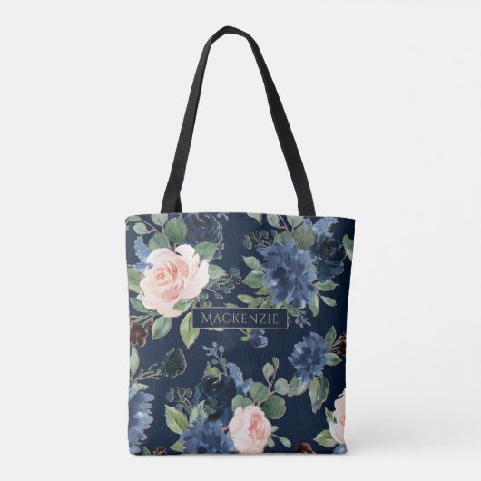 Tote Bag Blooms Chics | Monogramme bleu foncé et bleu marin (Dos)