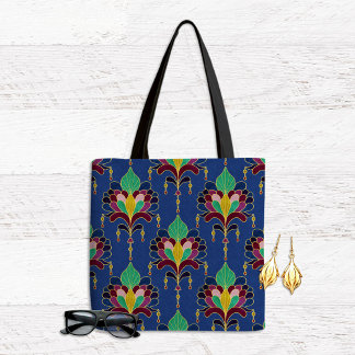 Tote Bag Blue and Gold Art Deco Floral Ornament