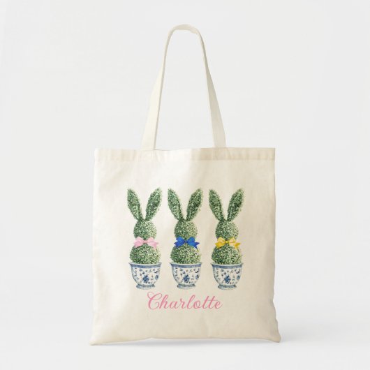 Tote Bag Blue and White Chinoiserie With Rabbits Topiary (Devant)