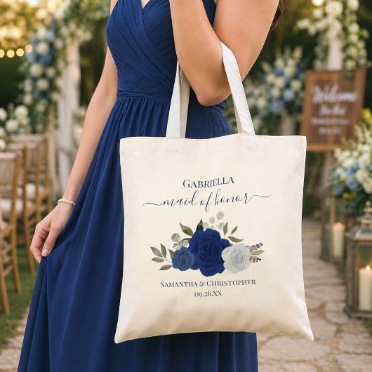 Tote Bag Blue Boho Roses Elegant Maid of Honor Wedding