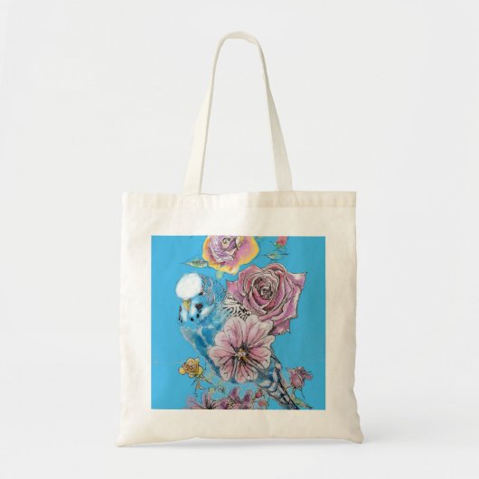 Tote Bag Blue Budgie Budgerigar Rose aquarelle art floral (Devant)