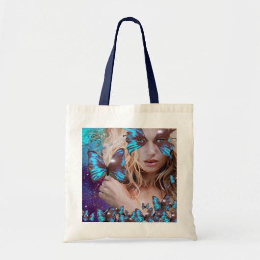 TOTE BAG BLUE BUTTERFLY WITH GREEN GOLD SPARKLES (Devant)