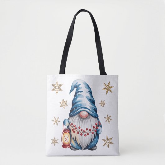 Tote Bag Blue Christmas Gnome with Red Lantern Berries (Devant)