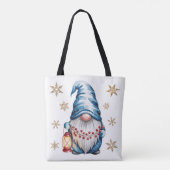 Tote Bag Blue Christmas Gnome with Red Lantern Berries (Dos)