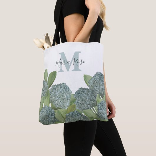 Tote Bag Blue Custom Monogramme Botanique Floral Hydrangea (De près)