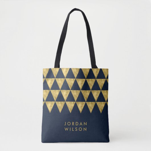 Tote Bag Blue Elegant Nom Faux Gold Triangle Motif (Devant)