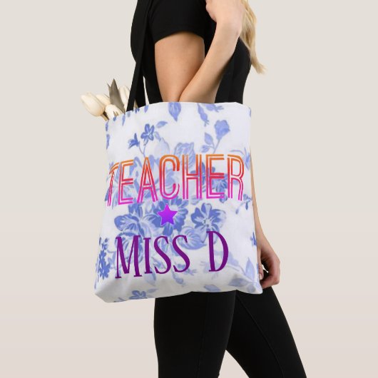 Tote Bag Blue Floral Custom Teacher Design (De près)
