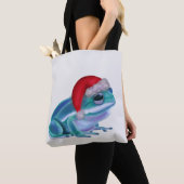 Tote Bag Blue frog with Santa hat. (De près)