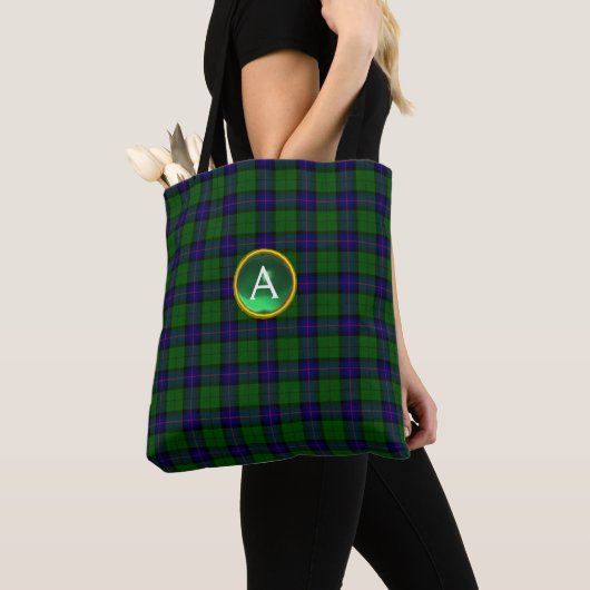 TOTE BAG BLUE GREEN SCOTT ARMSTRONG TARTAN GEM MONOGRAMME (De près)