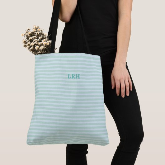 Tote Bag Blue Mint Stripe Classic Monogram Initials (De près)