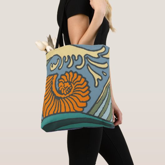 Tote Bag Blue Ocean Waves Nautilus Seashell Motif Nouveau (De près)