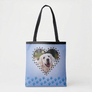 Tote Bag Blue Ombre Heart Empreintes de pattes Custom Chien