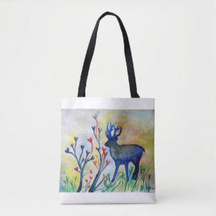 Tote Bag Blue Reindeer Aimer Arbres Aquarelle Art Fourre-to